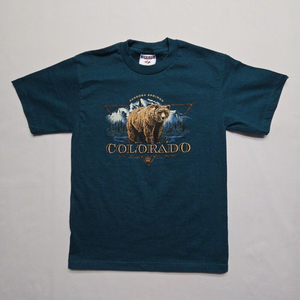Vintage 90s Colorado Bear Graphic T Shirt Single Stitch Womens Youth M Green Tee